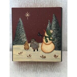 Hand Painted Holiday Scene wood box, snowman &  animals looking at north star